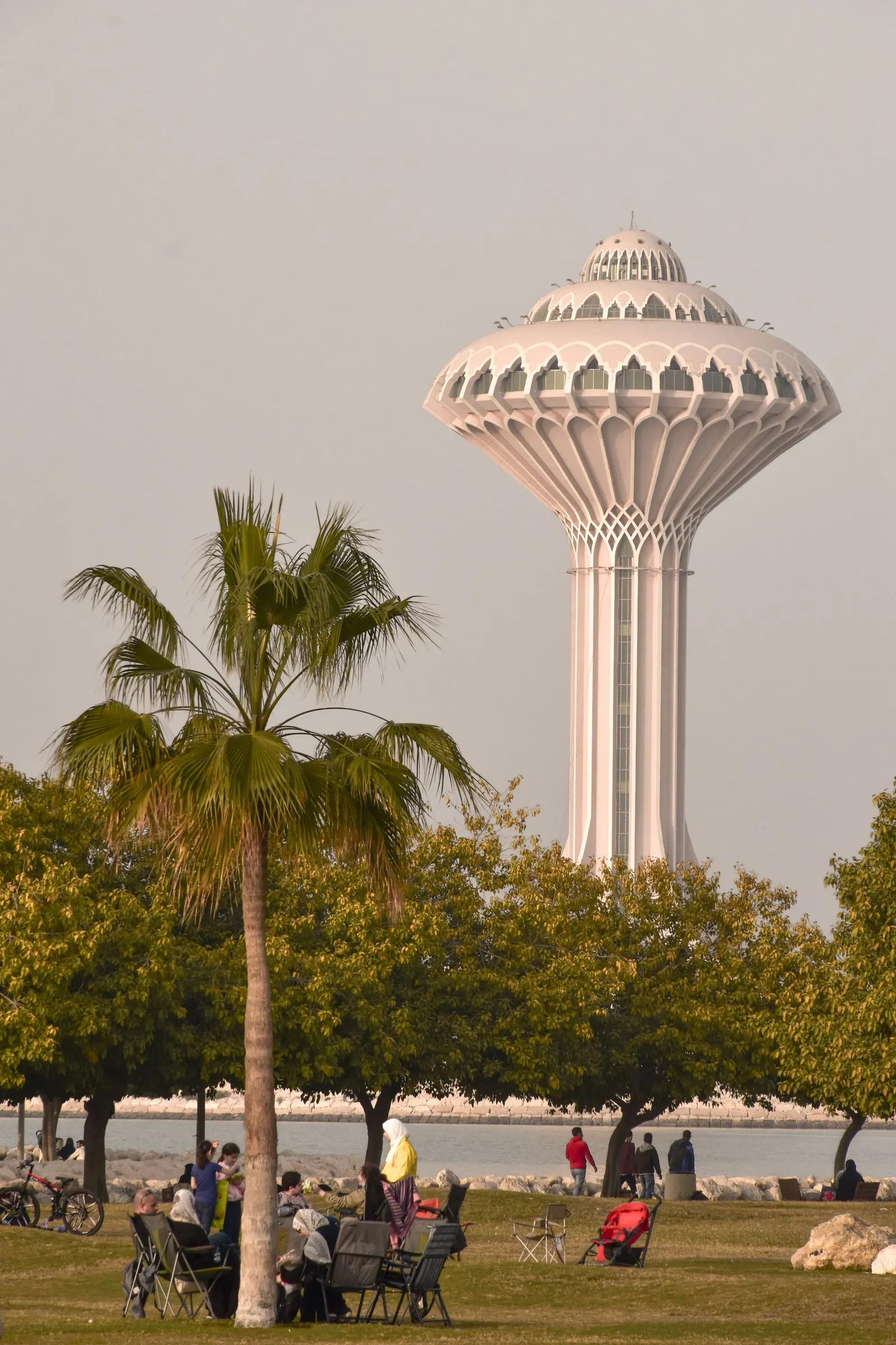 Khobar water tower framed by palm trees