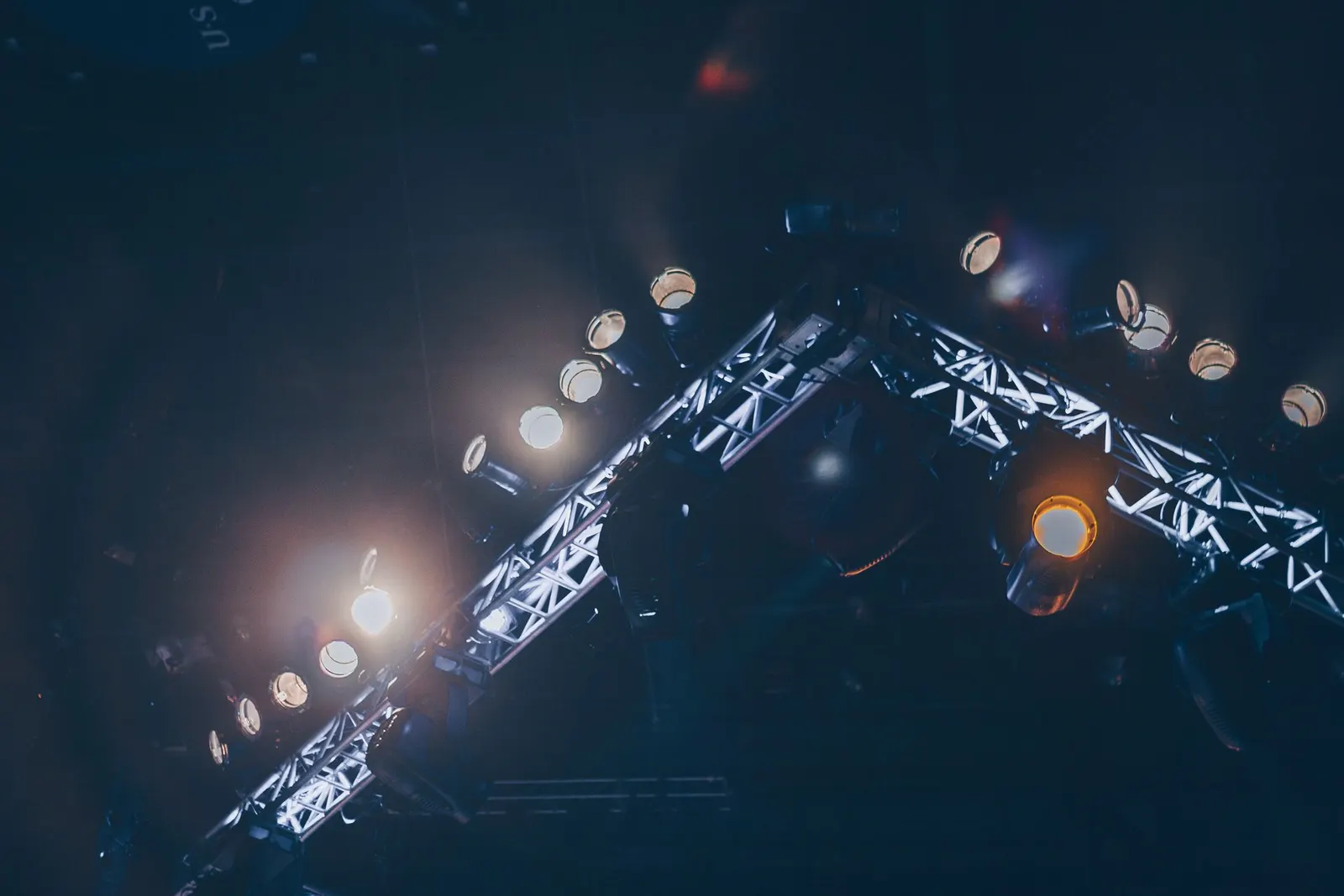 Stage lighting truss and lights at an event